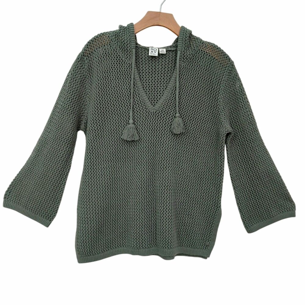 Roxy Hooded Sweater Womens Small Green Mesh Knit Beach Break V-Neck Relaxed Boho